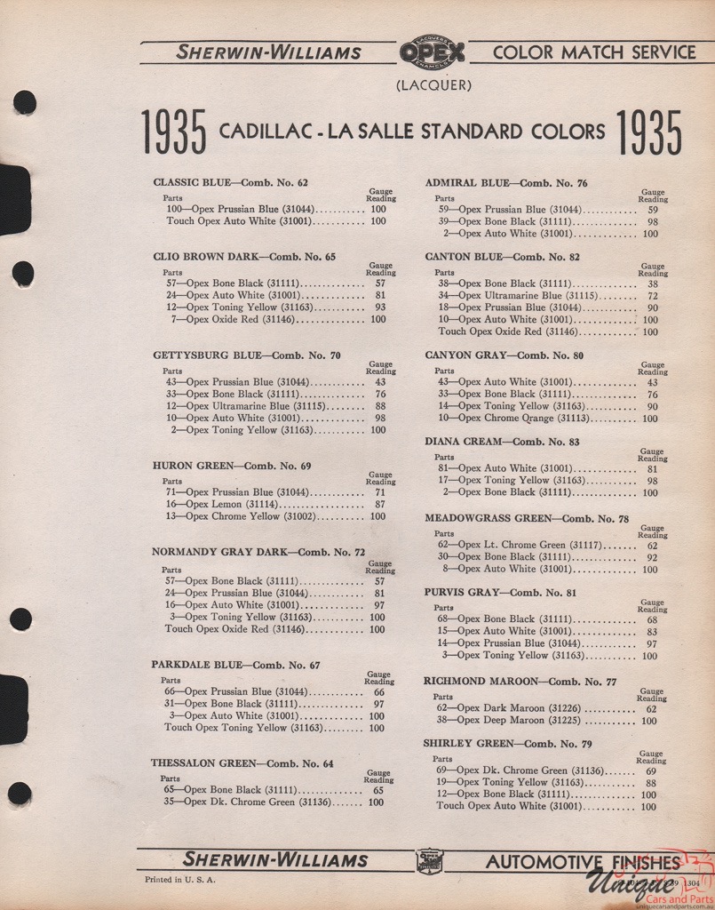 1935 Cadillac Paint Charts Williams 2